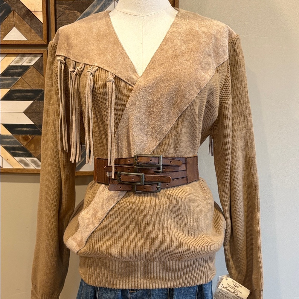 Vintage Western Pioneer Wear Leather Suede Tassel Fringe Knit Sweater Large NWT